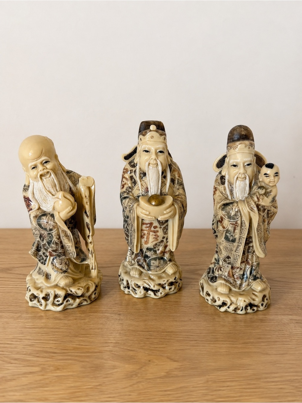 Chinese Fu Lu Shou Sanxing Figurines Set of 3 Ivory Tone 6”